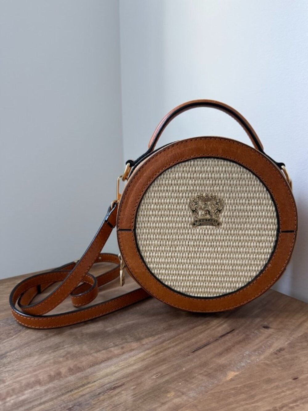 PRATESI FIRENZE Troghi Woven Straw Leather Circle Canteen Crossbody Bag Italy